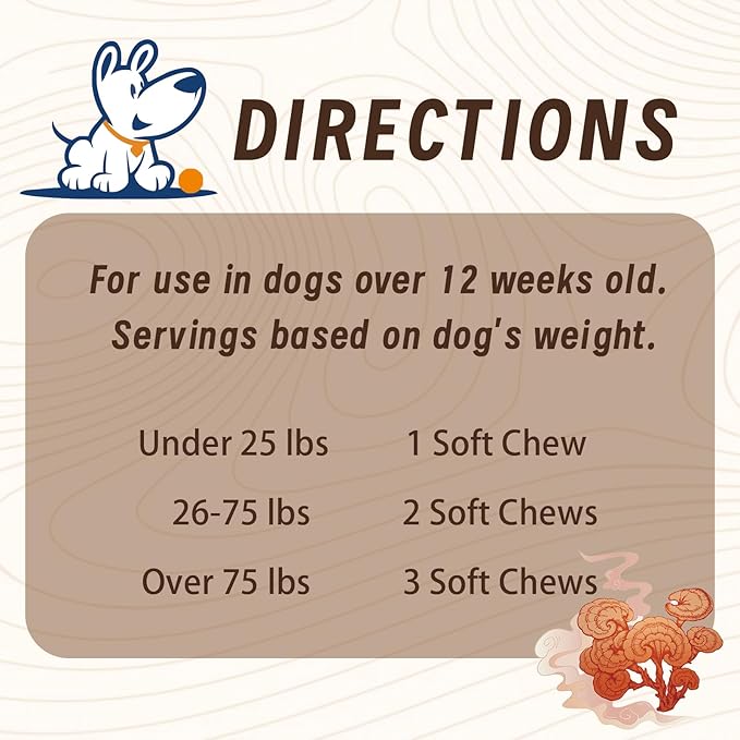 Natural Lipoma Support for Dogs, 7 Organic Mushroom Blend with Beta-Glucans, Boosts Immunity, 1500mg High Potency Turkey Tail, Reishi, Lion's Mane Helps Reduce Lumps & Bumps, 90 Chicken Soft Chews