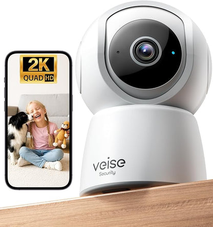 Veise 2K Indoor Security Camera 2.4GHz, 360° Pan/Tilt Pet Camera with Motion Tracking, Baby Monitor, 2-Way Audio, Night Vision, Cloud/SD Storage, Compatible with Voice Assistant, White