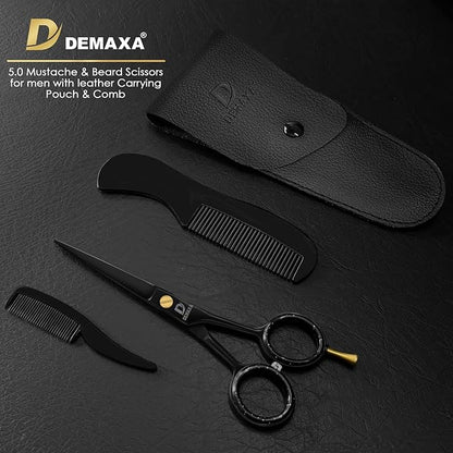 DEMAXA 5" Professional Mustache Scissors Beard Scissors for Men with Fine tip Tweezers 1 Mustache Comb 1 Beard Comb & Pouch – Beard Trimming kit & Mustache Kit (Black Shears With Tweezer)