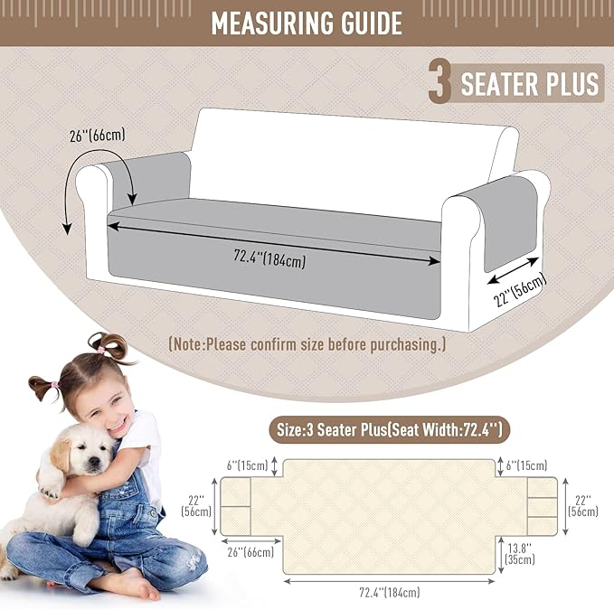 TAOCOCO Waterproof Couch Covers for Pets Dogs with Non Slip Backing, Sofa Seat Covers with Side Pocket for 3 Cushion Couch Washable Dog Couch Cover Protector Sofa Slipcovers(Sofa Plus, Light Brown)
