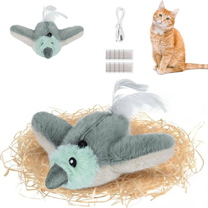 Cat Toys Flapping Birds with Catnip Bags, Chirping Interactive Kitten Toy Indoor, Lifelike Birdie Tweets, Rechargeable Enrichment Moving Wings Cat Exercise Toys Kicker for All Breeds Cat Dog(Gray)