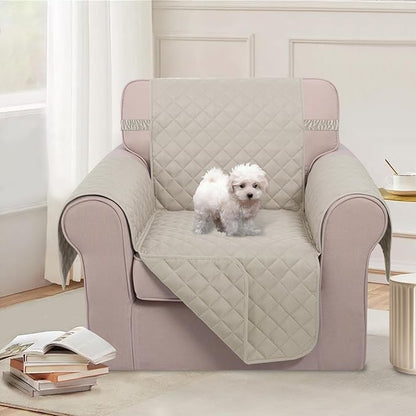 U-NICE HOME Reversible Oversized Chair Covers Quilted Water Repellent Pet Protectors with Elastic Straps(28''Armchair, Beige/Beige)