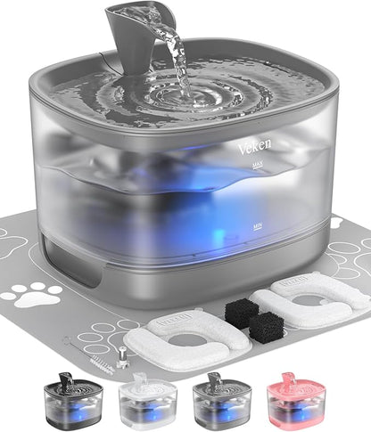 Veken Cat Water Fountain with Detachable Tank, Easy to Clean & Assemble, 85oz/2.5L Pet Drinking Dispenser with Quiet Operation & LED Light, Gifts for Christmas, Cats, Dogs and Small Pets, Grey