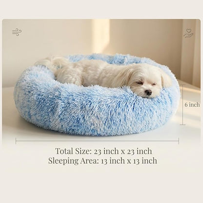 Calming Donut Dogs Beds for Small Dogs Washable,23inch Plush Round Pet Bed for Cozy Sleep,Fluffy Faux Fur Large Cat Bed,Fits up to 25 lbs Pets,Gradient Blue