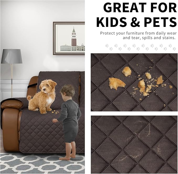 Easy-Going Oversized Recliner Reversible Couch Cover for 3 Seat Recliner, Split Sofa Cover for Each Seat with Elastic Straps for Kids, Dogs, Pets (3 Seater, Chocolate/Chocolate)