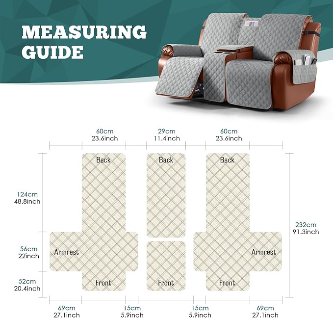 Ruaozz Waterproof Loveseat Recliner Cover with Console Non-Slip Reclining Couch Covers Split Sofa Slipcovers with Elastic Straps Furniture Protector for Kids, Dogs, Pets (Light Grey, 2 Seater)
