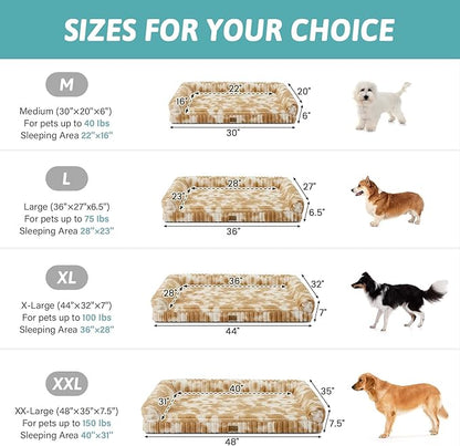 COZY KISS Extra Large Dog Bed, Faux Rabbit Fur Orthopedic Dog Bed with Sides, Removable Washable Cover & Waterproof Lining, Comfortable Pet Couch, Tie-Dye Brown (48" L x 35" W x 7.5" Th)