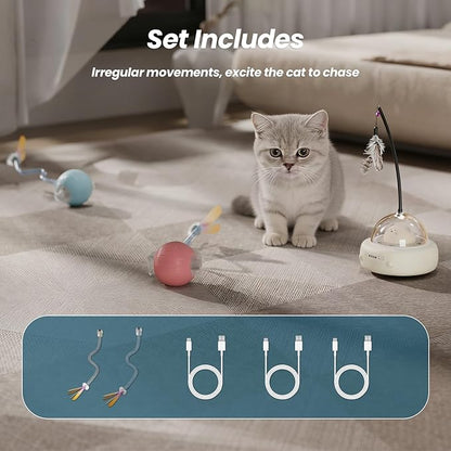 3-in-1 Interactive Cat Toys Set, Automatic Laser Toy with Feather Wand and 2 Cat Ball Toys, Rechargeable Toys for Indoor Cats and Kittens