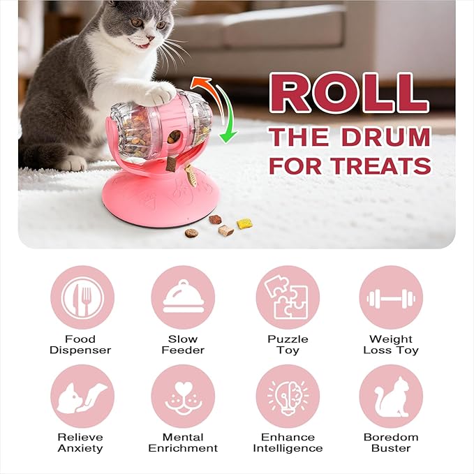 Rotating Interactive Cat Treat Dispenser Toy - Slow Feeder Puzzle for Indoor Cats-Pink