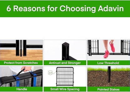 ADAVIN Tall Garden Fences and Borders for Dogs, Low Threshold Door, 48 in(H) 8 Panels Total 17.7 Ft(L) Dog Fences for the Yard, Modular Fencing, Garden Fence with Gate, Pet Fence