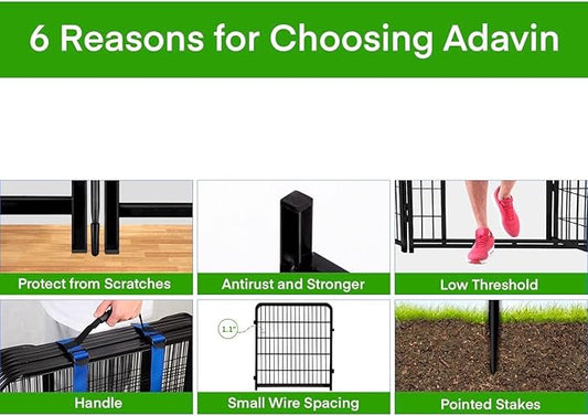 ADAVIN Tall Garden Fences and Borders for Dogs, Low Threshold Door, 48 in(H) 8 Panels Total 17.7 Ft(L) Dog Fences for the Yard, Modular Fencing, Garden Fence with Gate, Pet Fence