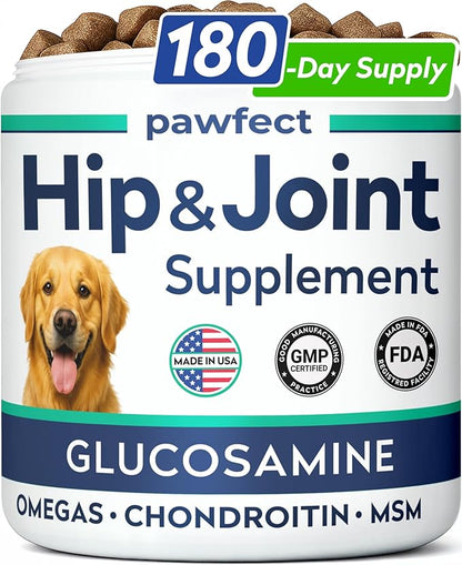 PAWFECTCHEW Advanced Hip & Joint Glucosamine Supplement for Dogs - Treats for Picky Eaters w/Chondroitin, MSM, Omega-3 - Joint Pain Relief - Chicken Liver - 180 Ct - Made in USA
