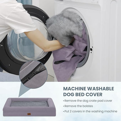 Jumbo Orthopedic Dog Beds, Washable Dog Bed with 4-Sides Removable Bolster, Waterproof Pet Bed Egg Crate Foam with Non-Slip Bottom for Large Dogs, Light Purple