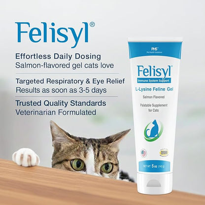 Felisyl L-Lysine Gel for Cats & Kittens (5oz) – Immune System, Respiratory & Eye Health Support. Reduces Sneezing, Runny Nose & Watery Eyes. Daily Salmon-Flavor Supplement – Made in USA (1 Pack)