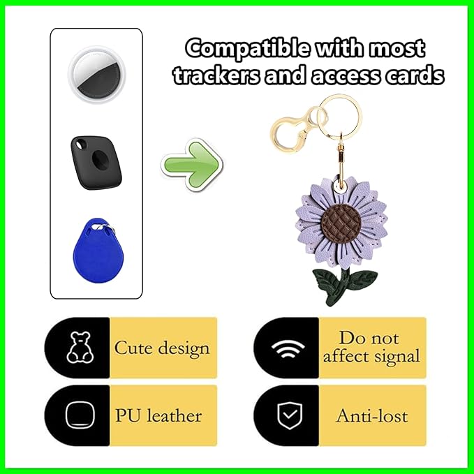 Leather Keychain Holder Case Compatible with AirTag,Cute Protective Cover with Keyring,Anti-Scratch Finder GPS Tracker Case for Wallet Keys,bag,pets,Backpack(Daisy Purple)