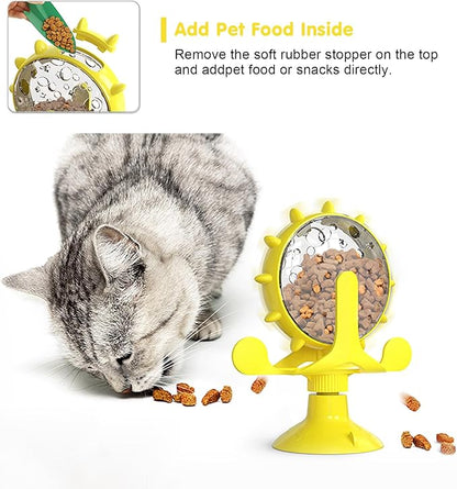 Cat Dog Treat Dispenser Toy - Cat Interactive Feeder Pet Food Toys Feeder 360° Degree Rotating Food Leakage Device Rotate with Strong Suction Cup Money Wheel Shape (Yellow)