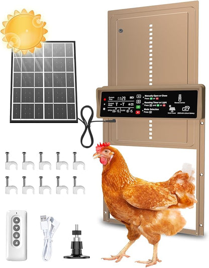 Automatic Chicken Coop Door Solar Powered, Pet Deluxe Chicken Door with Programmable Timer & Light Sensor, Anti-Pinch Safety, 7W Solar Panel, Aluminum Alloy with 10 Wire Clips Solar Chicken Door-Brown