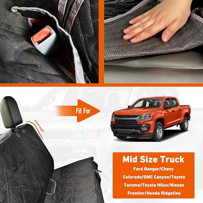 Dog Car Seat Cover for Mid-Size Truck, Compatible with Toyota Tacoma/Hilux, Ford Ranger, Chevy Colorado/GMC Canyon, Nissan Frontier, Honda Ridgeline, Jeep Gladiator, 600D Waterproof Pet Seat