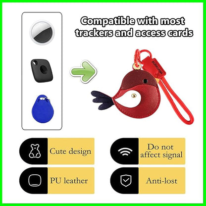 Leather Keychain Holder Case Compatible with AirTag,Cute Protective Cover with Keyring and Lanyard,Anti-Scratch Finder GPS Tracker Case for Wallet Keys,Bag,Pets,Backpack(Red Bird)
