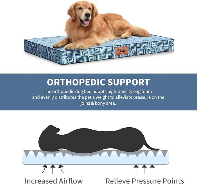 Outdoor Extra Large Dog Bed, Jumbo Waterproof Dog Bed for Large Dogs, Orthopedic Egg Crate Foam Pet Mat with Removable Oxford Cooling Cover, White Blue