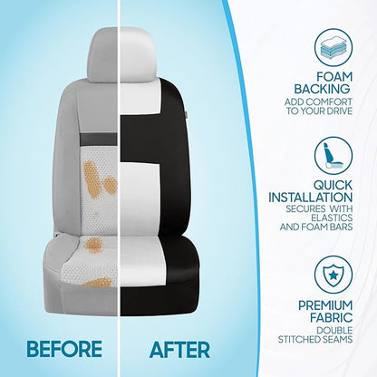 BDK PolyPro Car Seat Covers Full Set in White on Black, Front and Rear Split Bench Seat Covers for Cars, Easy to Install Car Seats Cover Set and Accessories for Auto Trucks Van SUV - White