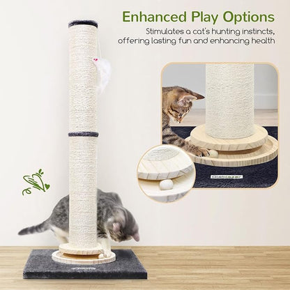 Globlazer Extra Thick Large Scratching Post for Indoor Cats Adults and Kittens, 35in Tall Natural Sisal Rope Scratcher Post, Large Cat Scratcher with Ball Interactive Toy, SC35, Dark Grey