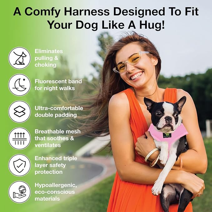 EcoBark Dog Harness - Eco-Friendly Max Comfort Harnesses - Luxurious Soft Mesh Halter - Over the Head Harness Vest- No Pull and No Choke for Puppy, Toy Breeds & Small Dogs (Small, Baby Pink)