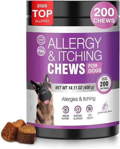 Dog Allergy Chews 200ct - Dog Allergy Itching Skin Relief Immune Support Anti Itch Probiotics for Yeast, Itchy Skin and Itchy Ears, Vitamins for Seasonal Allergies Itchy Skin Gut Health,Peanut Butter