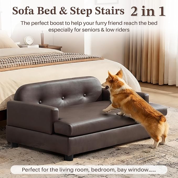 Luxury Dog Sofa Bed Elevated Pet Couch with Durable Waterproof Leather & Orthopedic Sponge - Modern Furniture Style Dog Lounge & Pet Bedside Step for Medium/Large Dogs, Brown