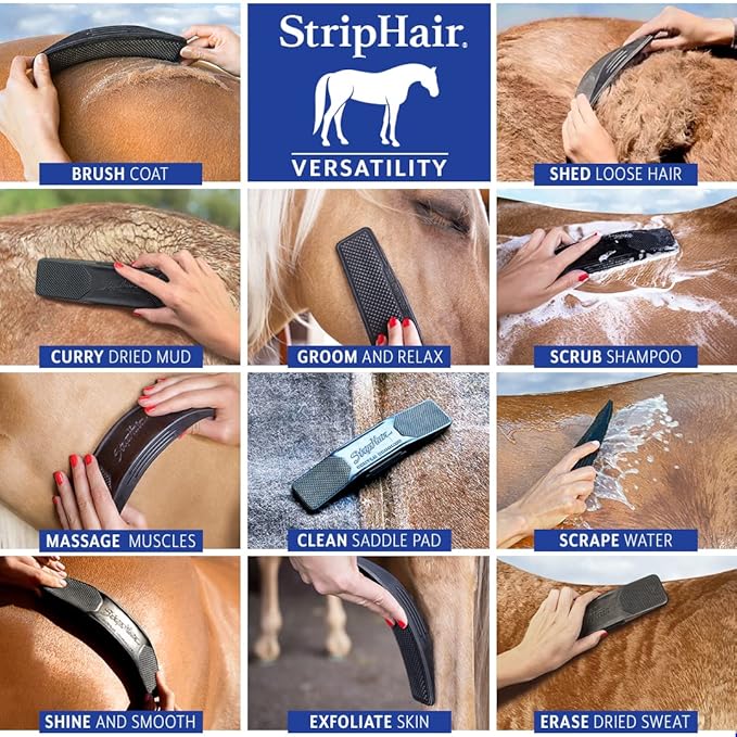 StripHair Gentle Groomer - Original for Horses Dogs 6-in-1 Shedding Grooming Coat Shine Massage Tool (Red)
