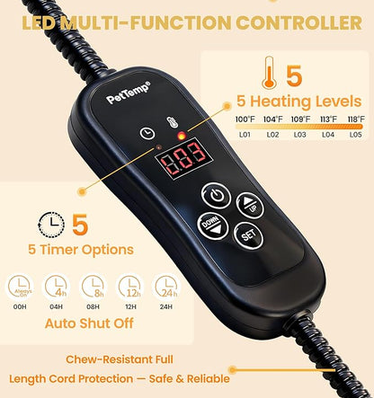 Pet Heating Pad for Cats Dogs, Heated Cat Dog Bed with 5 Temperature Levels, Timer, Auto Shut-Off, Thick Paw-Print Cover, Chew Resistant Cord for Indoor & Sheltered Outdoor Use (L: 26" x 20" x 1.3")