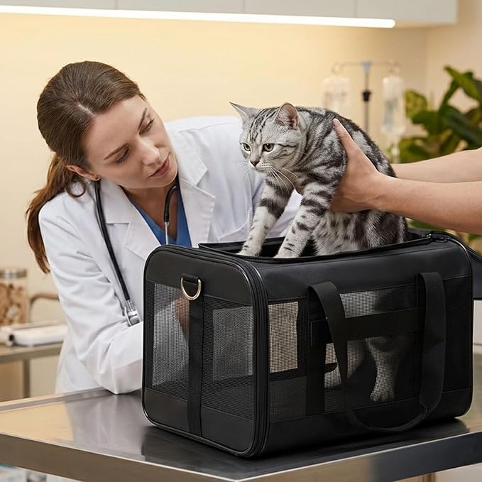 Conlun Cat Carrier Airline Approved, Soft-Sided Dog Carrier with Inner Safety Leash, Pet Transport Carrier for Small-Medium Cats Puppies up to 15 Lbs, Collapsible Travel Kitten Carrier Bag -BlackM