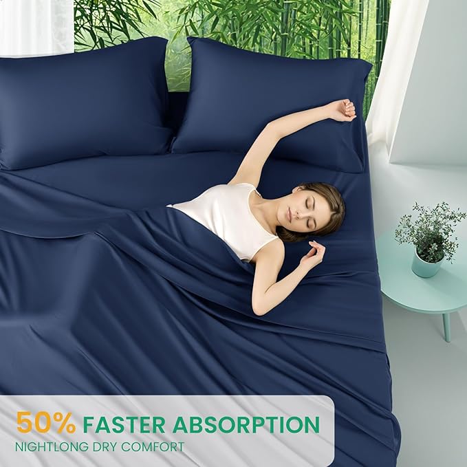 SONORO KATE 100% Viscose Derived from Bamboo_Sheets Queen Size, Ultra Breathable & Cooling Bed Sheets for Hot Sleepers, Hotel Luxury Silky Bedding Sheets, 16" Deep Pocket - 4PC (Navy Blue,Queen)