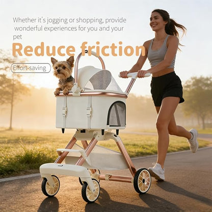 All-Terrain Pet Stroller for Small Medium Dogs & Cats, 20 lbs Capacity - Portable Carrier with One-Touch Brake, Lightweight Foldable Design & Shock Absorption Wheels,Beige