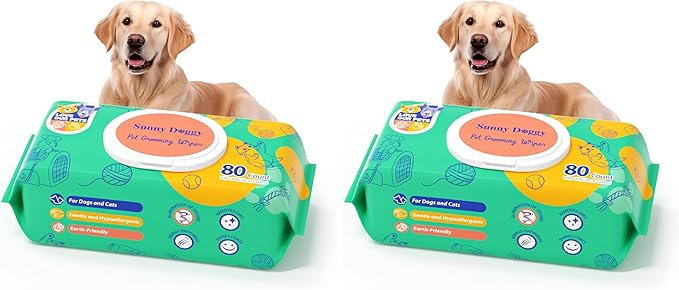 Pet Wipes 80 Count, Dog Wipes Cleaning Deodorizing Cat Wipes, 8 x 8 Inch Dog Grooming Wipes for Butt Paws Ear Eyes and Body (Pack of 2)