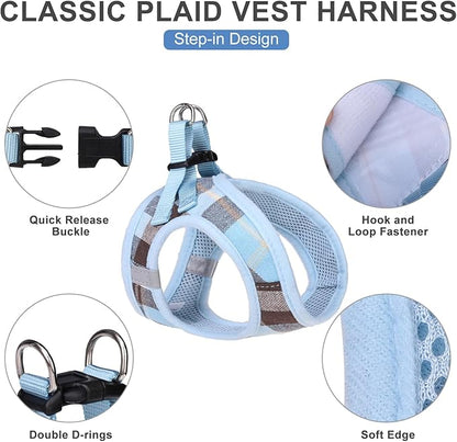 EXPAWLORER Classic Plaid Puppy Harness - Small Dog Harness and Leash Set - Dog Collar and Leash Set with AirTag Holder, Soft Padded Step in Dog Vest Harness No Pull Reflective for Outdoor, Blue M