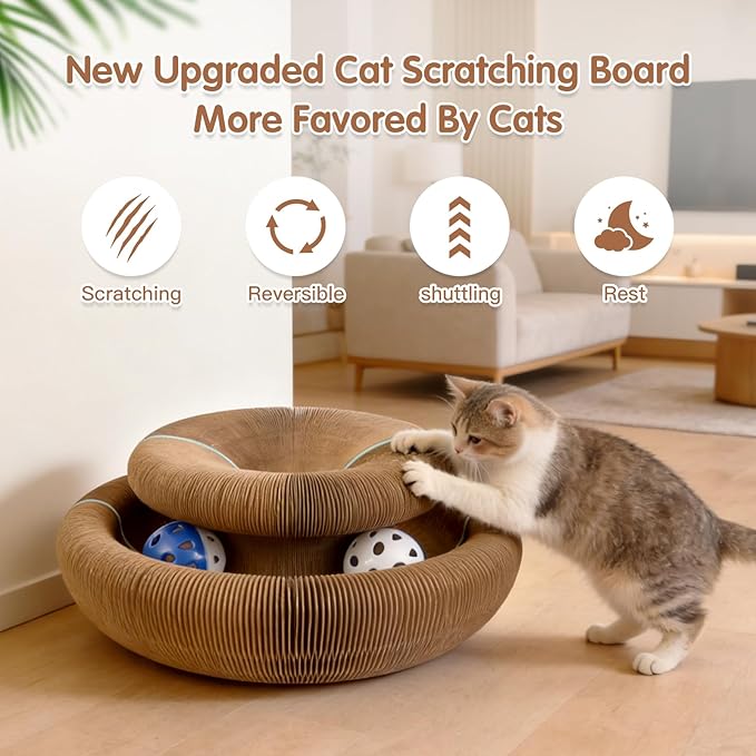 Extensible Cat Scratcher Cardboard Toy | Magic Accordion Scratching Pad with Bell Ball - Foldable & Reversible Interactive Kitty Play for Indoor Cats (2 Pack)