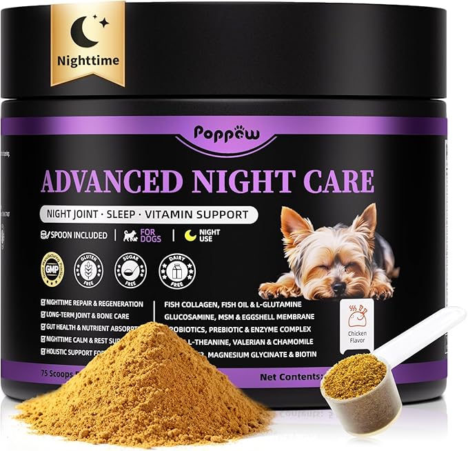 Dog Vitamins and Supplements for Nighttime Repair, Calming, Joint, Gut, Dog Multivitamin Powder for Homemade Food with Collagen, Glucosamine, GABA, Probiotics - Chicken Flavor, 75 Scoops