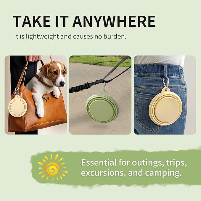 Collapsible Dog Bowls 2-Pack, Portable Travel Dog Bowl with Carabiner, Food-Grade Silicone Pet Bowl for Hiking, Walking(Macaron Yellow and Green)