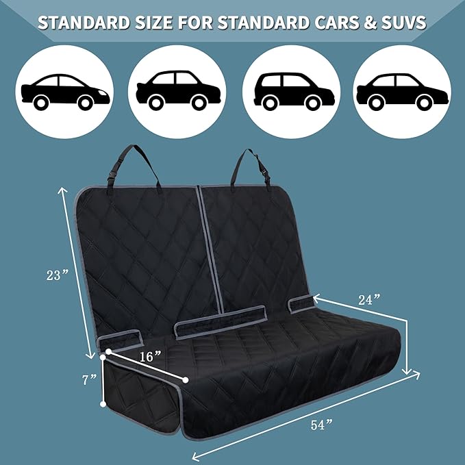 ZQ Bench Car Seat Cover for Dogs, Waterproof Rear Seat Protector Stays Securely in Place for Pets, Dog Backseat Cover Fit for Standard Cars & SUVs (Black)