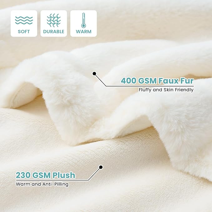 COZY KISS Luxury Faux Fur Throw Blanket Twin, Ultra Soft Waterproof Pet Blanket, Cozy Warm Plush Blanket for Bed Sofa Bedroom Living Room, Liquid Pee Proof for Large Dog or Cat, 60x80 inch, Cream