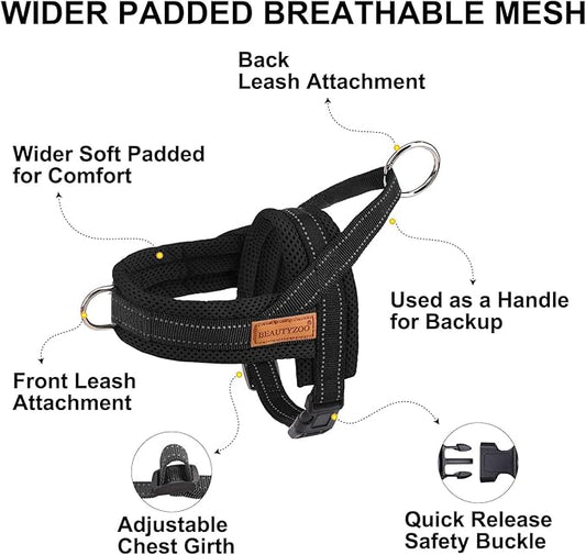 BEAUTYZOO No Pull Dog Harness Medium Sized Dog, Breathable Mesh Padded Dog Harness and Leash Set, Adjustable Reflective Escape Proof Dog Vest Harnessss Quick Fit for Training Walking, Black M