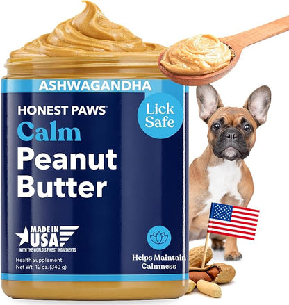 Honest Paws Calming Peanut Butter for Dogs – Dog Supplement with Ashwagandha, Valerian Root & L-Tryptophan – Supports Relaxation & Balanced Behavior – Made in USA – 12 oz