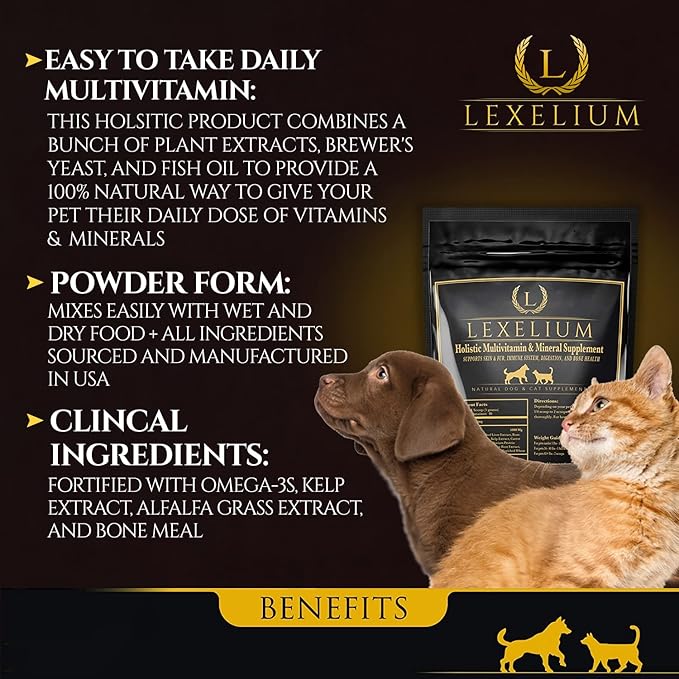 Holistic Multivitamin Supplement for Dogs and Cats - Complete 12-in-1 Plant-Based Vitamins & Minerals for Skin, Coat, Digestion, Bones, and Immunity - Omega-3 Fish Oil, Vitamin Mineral Complex - 200G