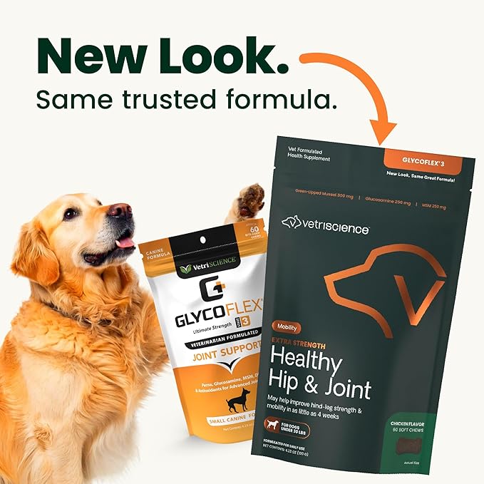 VetriScience Extra Strength Healthy Hip & Joint Chews, GlycoFlex Glucosamine and Green-Lipped Mussel Joint Support Supplement for Small Breed Dogs, Soothe Joint Discomfort, Chicken, 60 Count