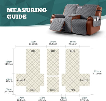 Ruaozz Waterproof Loveseat Recliner Cover with Console Non-Slip Reclining Couch Covers Split Sofa Slipcovers with Elastic Straps for Kids, Dogs, Pets (Dark Grey, 2 Seater)