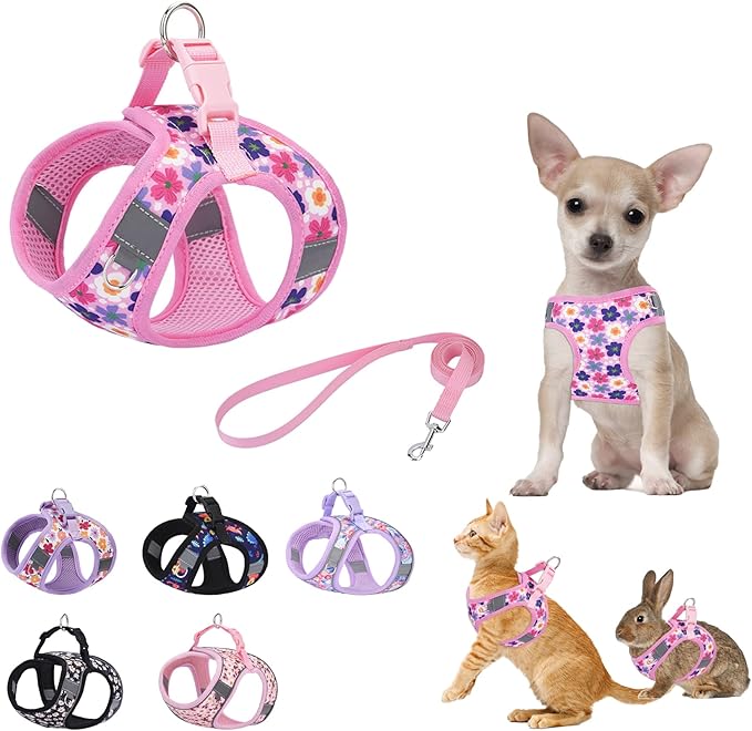 Small Dog Harness Cute Pink Flowers Step in Vest Harness Mesh Padded Soft Harness for Small Medium Dogs Cats