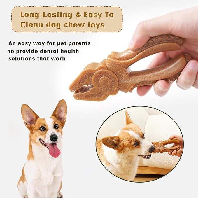 Dog Chew Toys for Aggressive Chewers, Medium & Large Dogs, Made of Real Pine Wood and Durable Food-Grade Nylon, with Tool Shape Design for Dental Cleaning and Long-Lasting Chewing (Brown-Pliers)