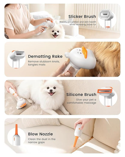 Vacuum Dog Brush for Shedding, 4-in-1 Self-Cleaning Slicker & Undercoat Rake, Deshedding Grooming Tool, Anti-Static, Massage & Combing All In One! (White)
