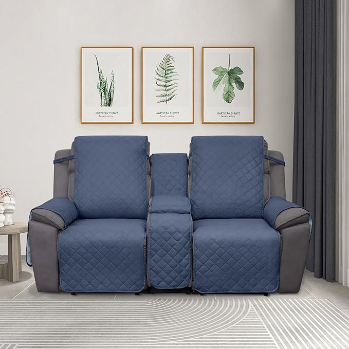 PureFit Water Resistant Reversible Loveseat Recliner Couch Cover for Double Recliner with Console – Non Slip Split Sofa Cover, Washable Reclining Cover for 2 Seat Recliner (Dark Blue/Light Blue)